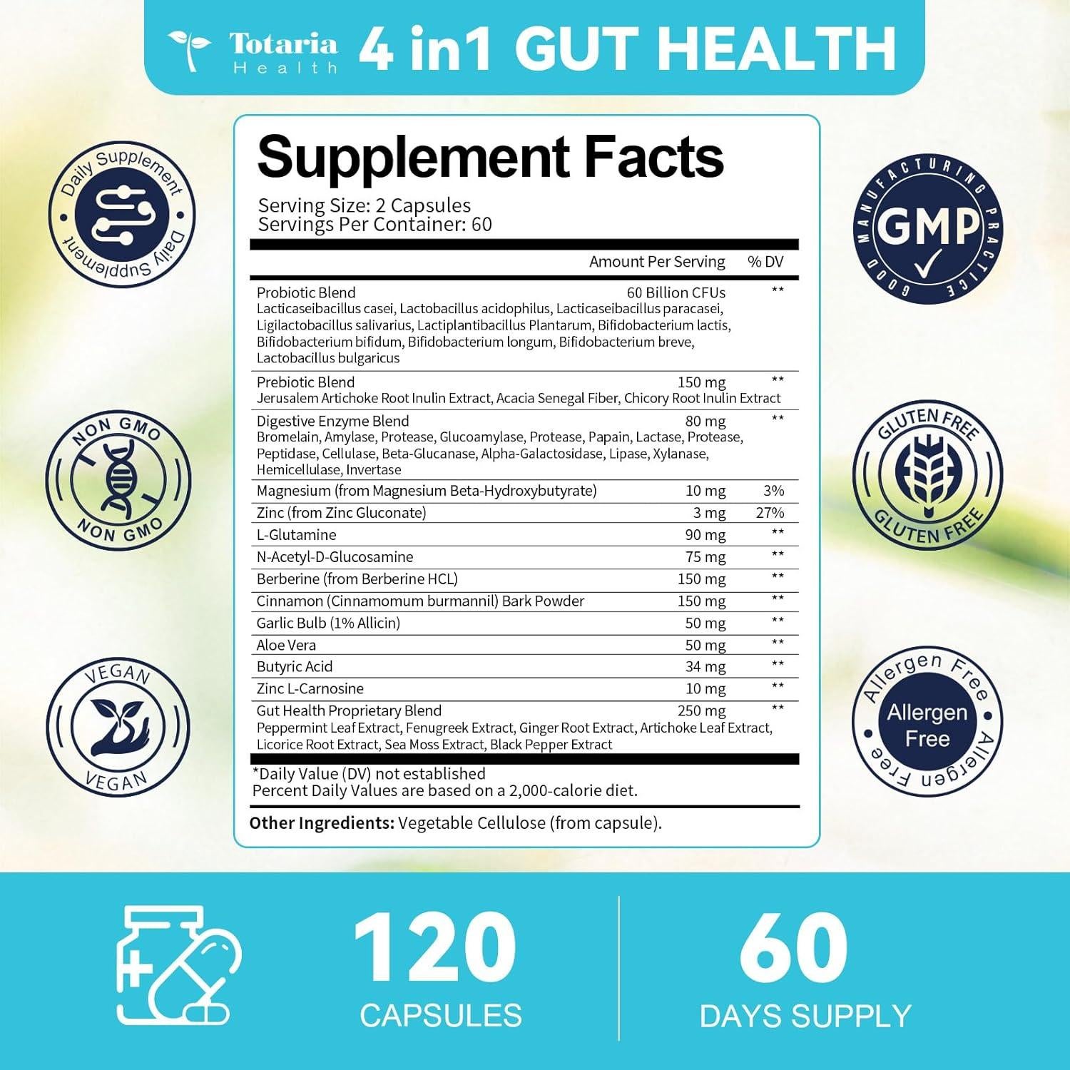 Suplemento Salud Intestinal 4-en-1 Totaria 120 Cápsulas