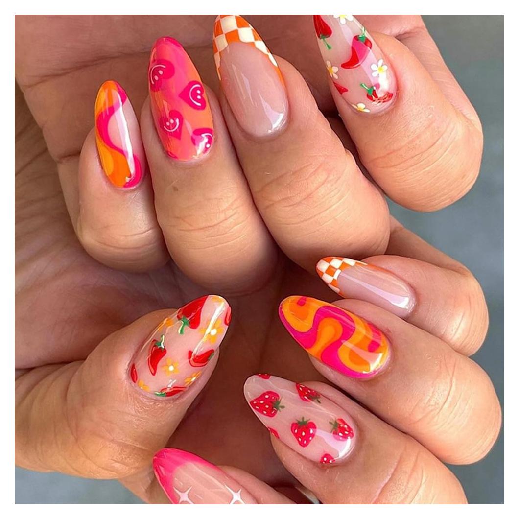 24 Uñas Postizas Almendra CEWEWP con Flores y Pegamento