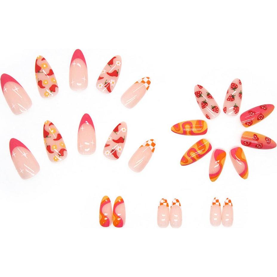 24 Uñas Postizas Almendra CEWEWP con Flores y Pegamento