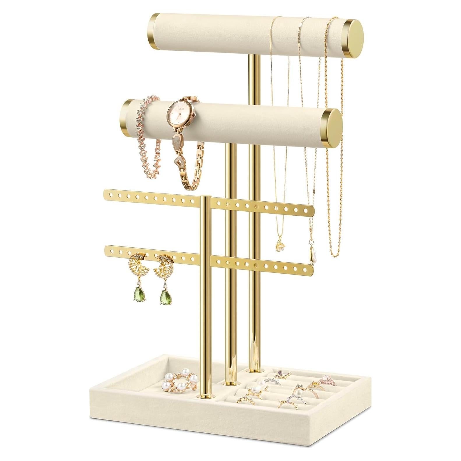 Soporte de Joyería Josmimic Beige de Terciopelo 3 Niveles