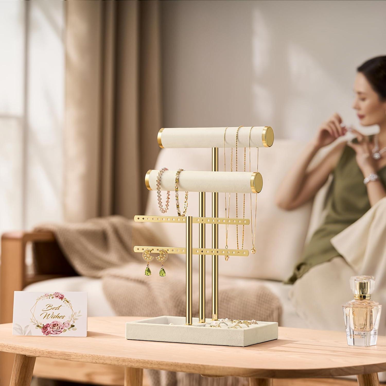 Soporte de Joyería Josmimic Beige de Terciopelo 3 Niveles