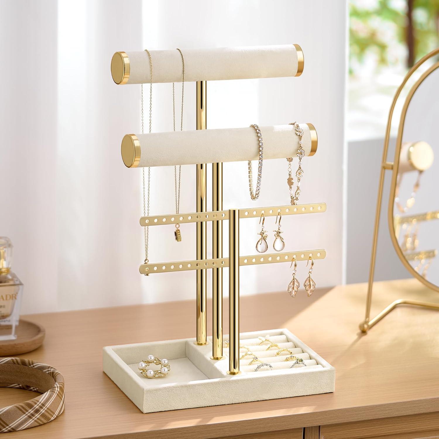 Soporte de Joyería Josmimic Beige de Terciopelo 3 Niveles