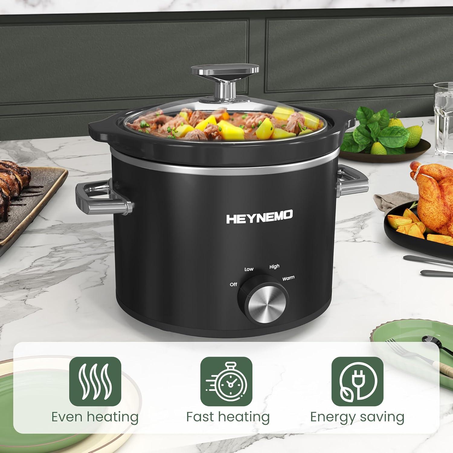 Olla de Cocción Lenta HEYNEMO 2QT Acero Inoxidable Negra