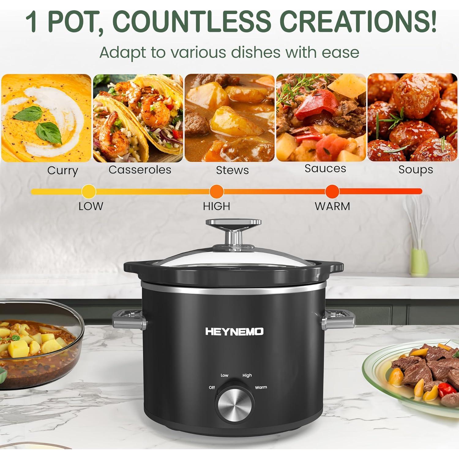 Olla de Cocción Lenta HEYNEMO 2QT Acero Inoxidable Negra