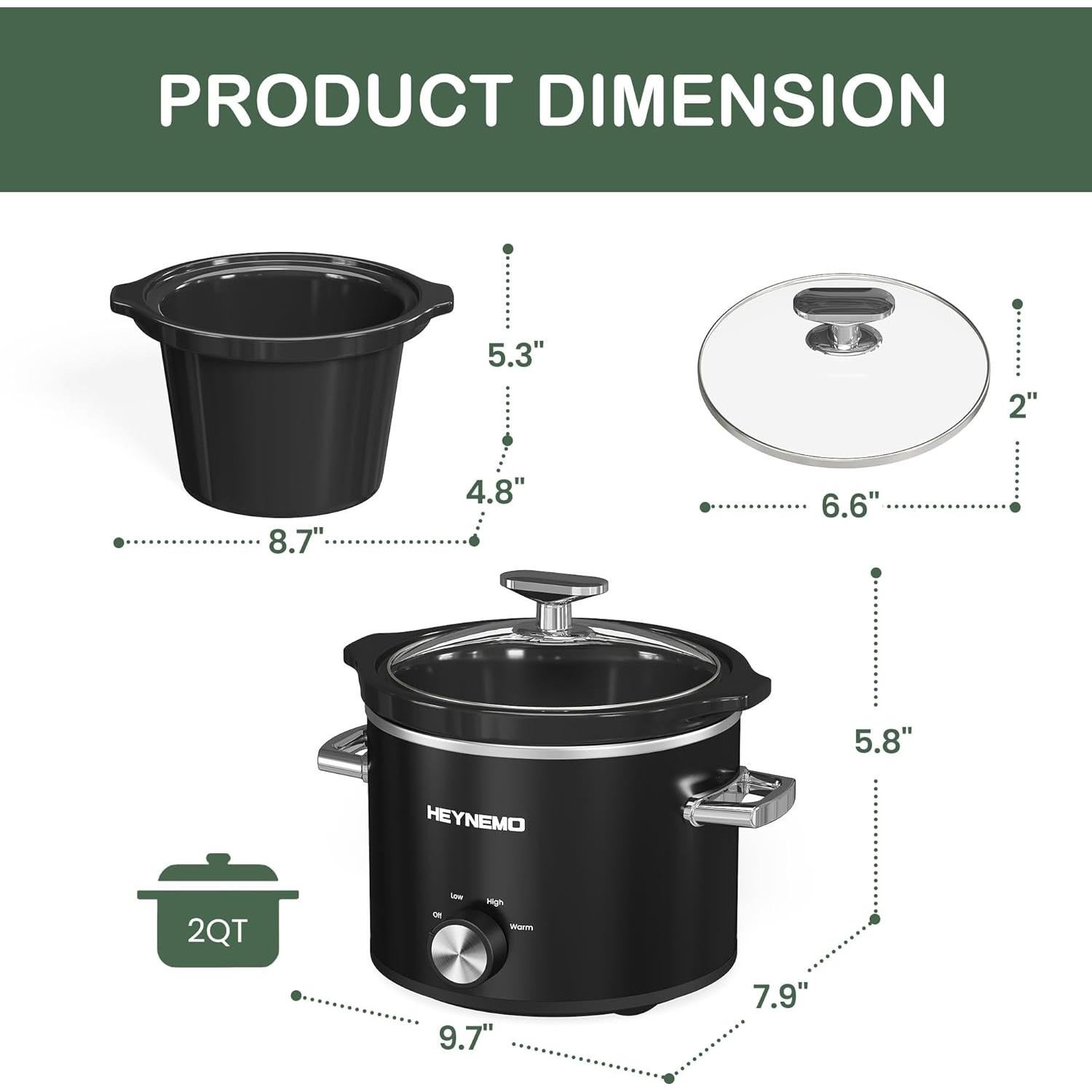 Olla de Cocción Lenta HEYNEMO 2QT Acero Inoxidable Negra