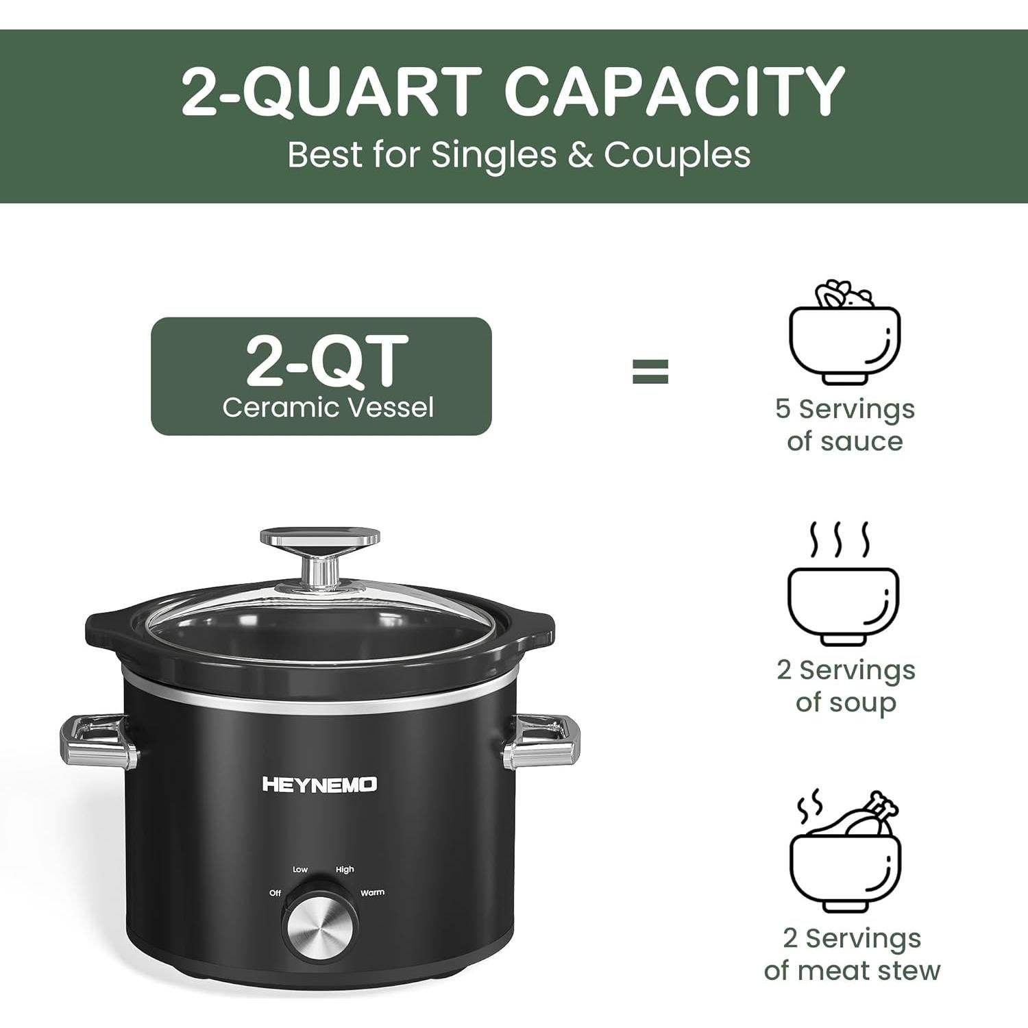 Olla de Cocción Lenta HEYNEMO 2QT Acero Inoxidable Negra