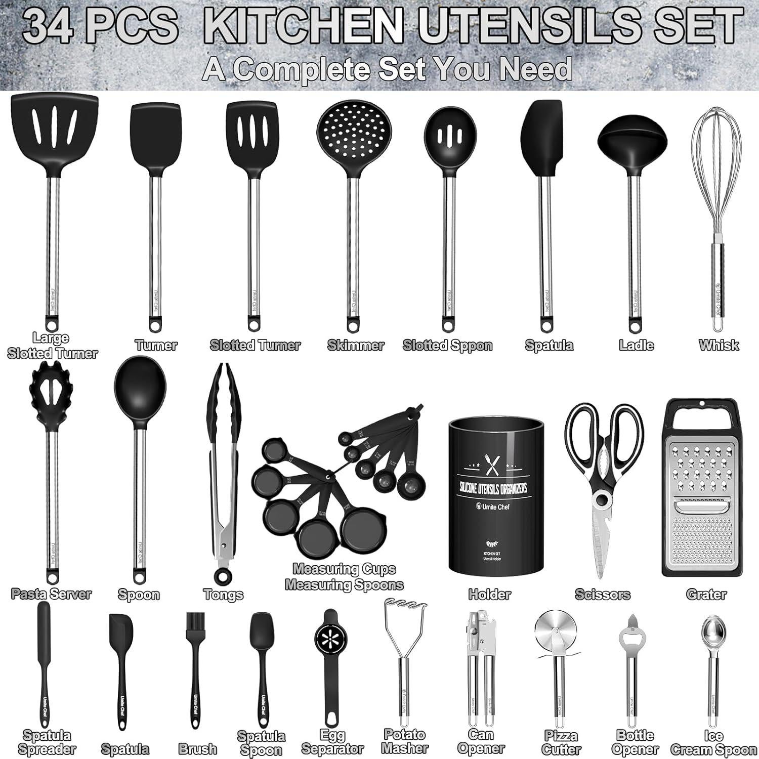 Juego de Utensilios de Cocina Umite Chef 34 Pcs Silicona y Acero
