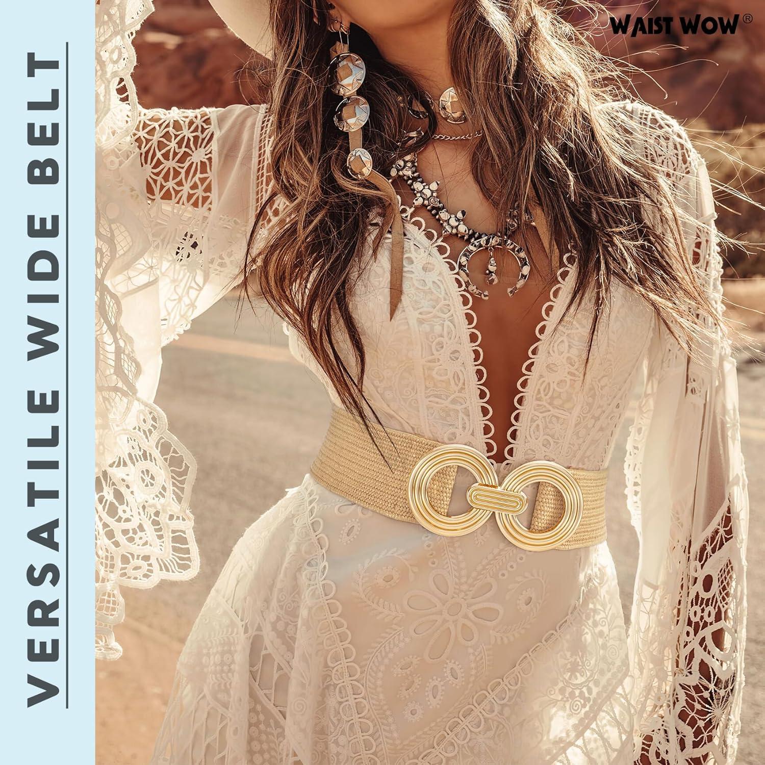 Cinturón Elástico de Paja Tejido para Mujeres - Hebilla Dorada