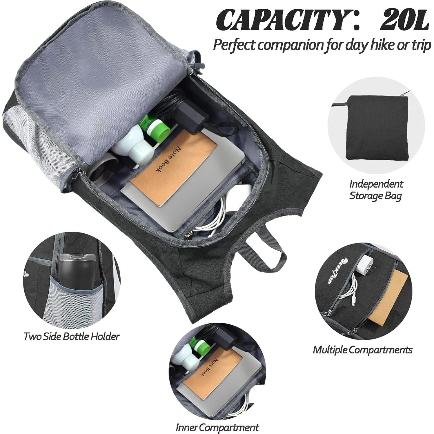 Mochila de Senderismo Seektop 20L Ligera Impermeable Negra