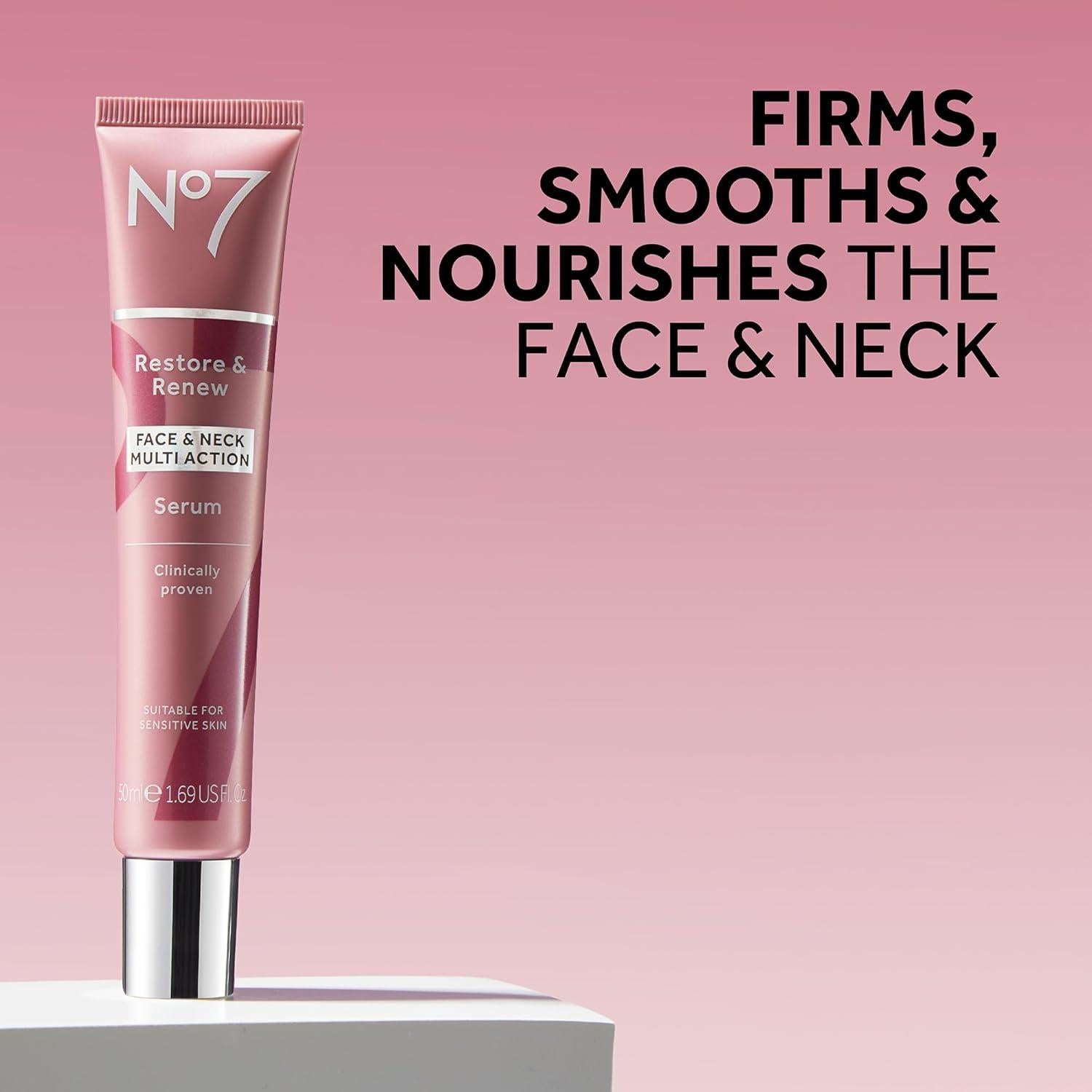 No7 Restore & Renew Multi-Action Face & Neck Serum - Anti Aging Serum for Deep Wrinkle Repair - Collagen Infused Skincare with a Hydrating Blend of Hibiscus Peptides & Hyaluronic Acid (0.5 Fl Oz)