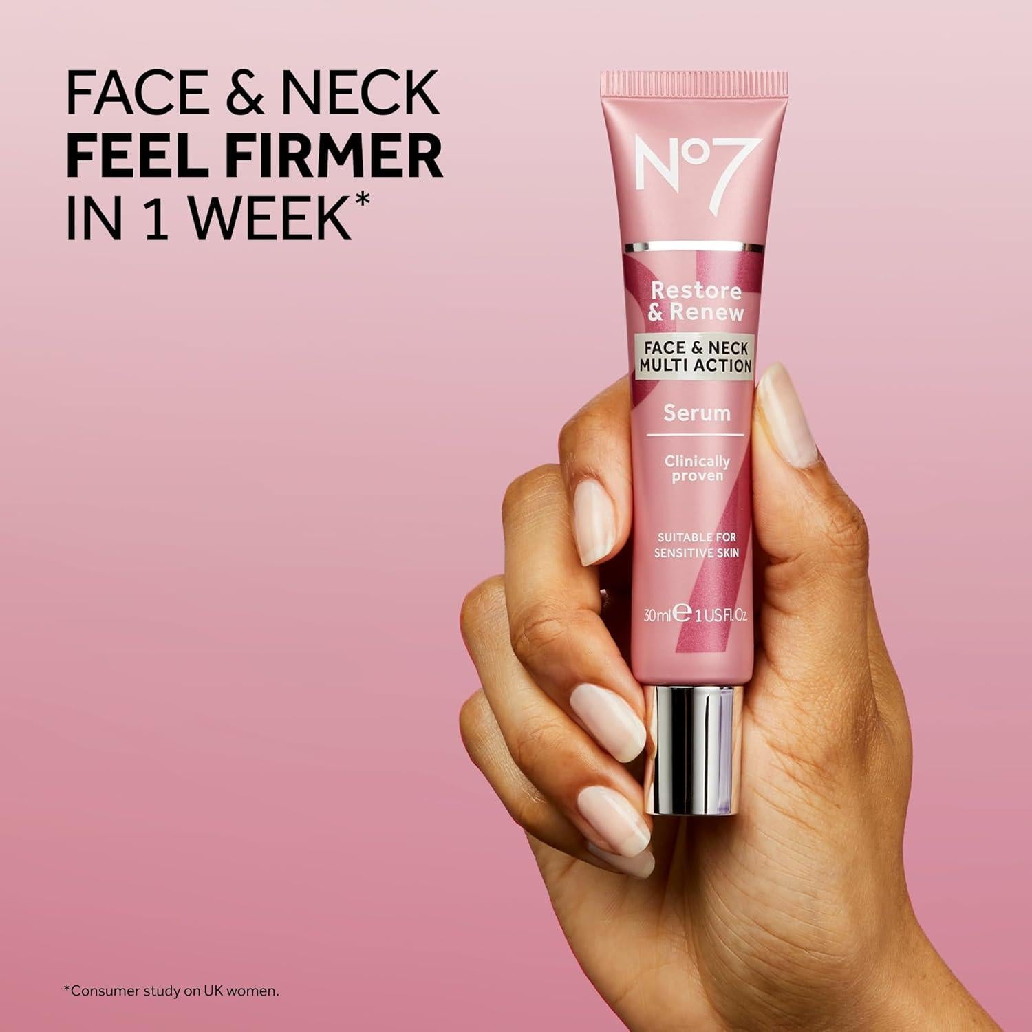 No7 Restore & Renew Multi-Action Face & Neck Serum - Anti Aging Serum for Deep Wrinkle Repair - Collagen Infused Skincare with a Hydrating Blend of Hibiscus Peptides & Hyaluronic Acid (0.5 Fl Oz)