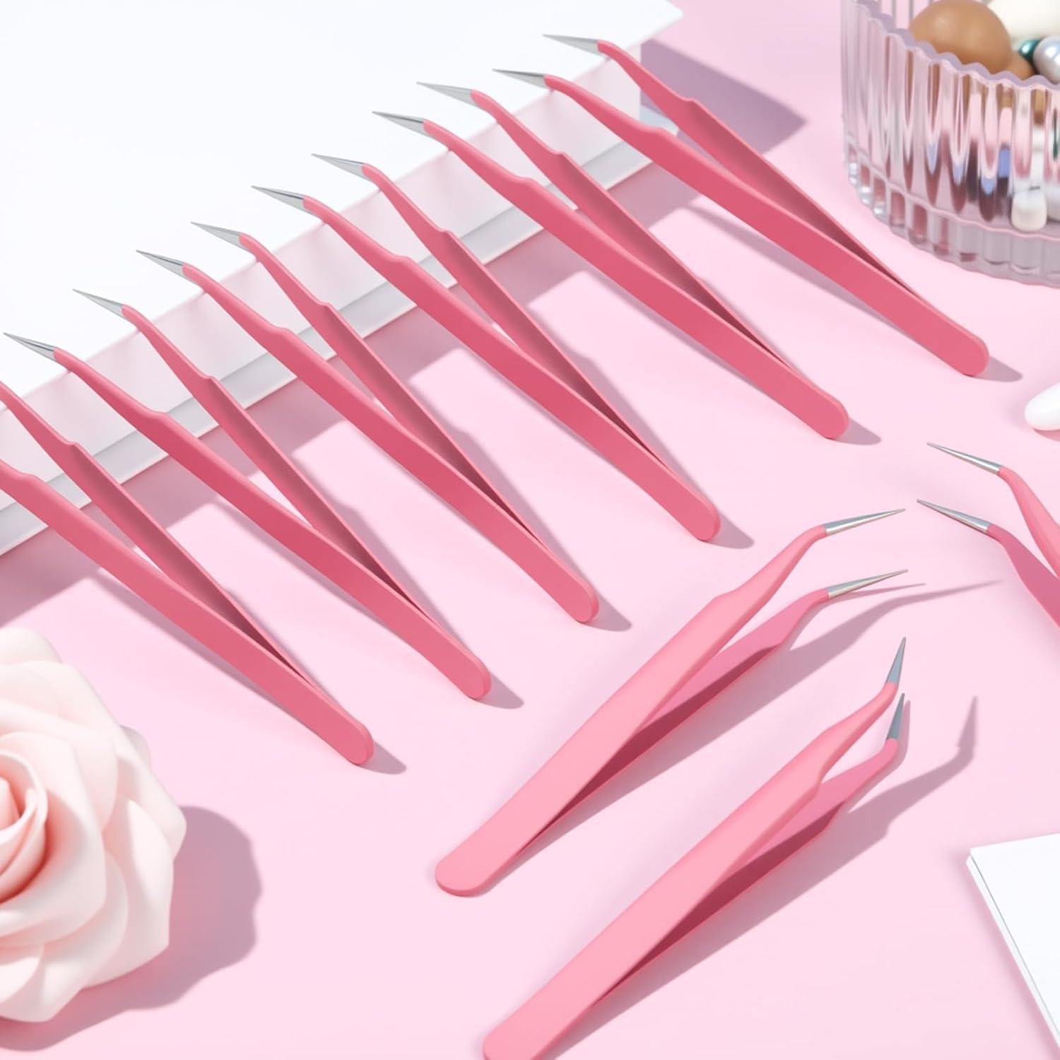 Pinzas Curvadas de Precisión Honoson 9 Piezas Acero Inoxidable Rosa