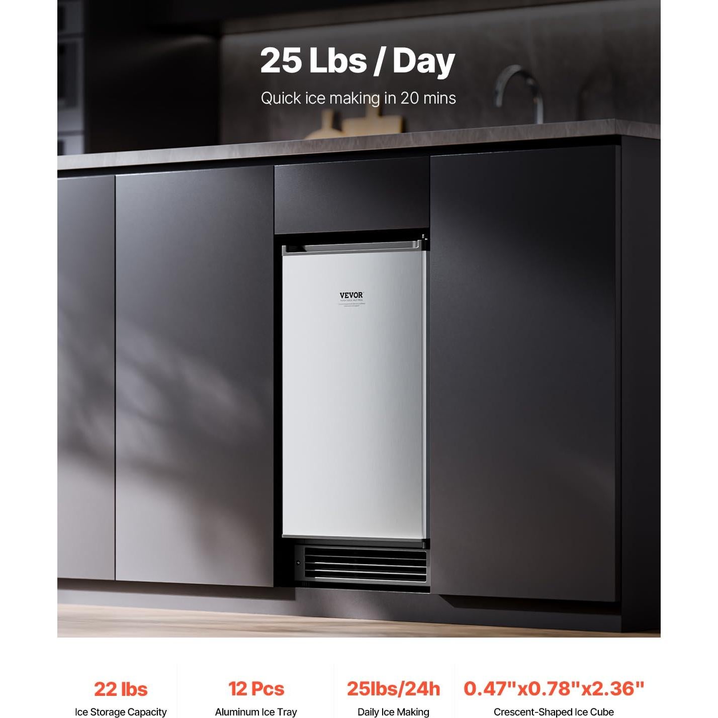 Máquina de Hielo Bajo Mostrador VEVOR IMC25, 11.34 Kg/Día