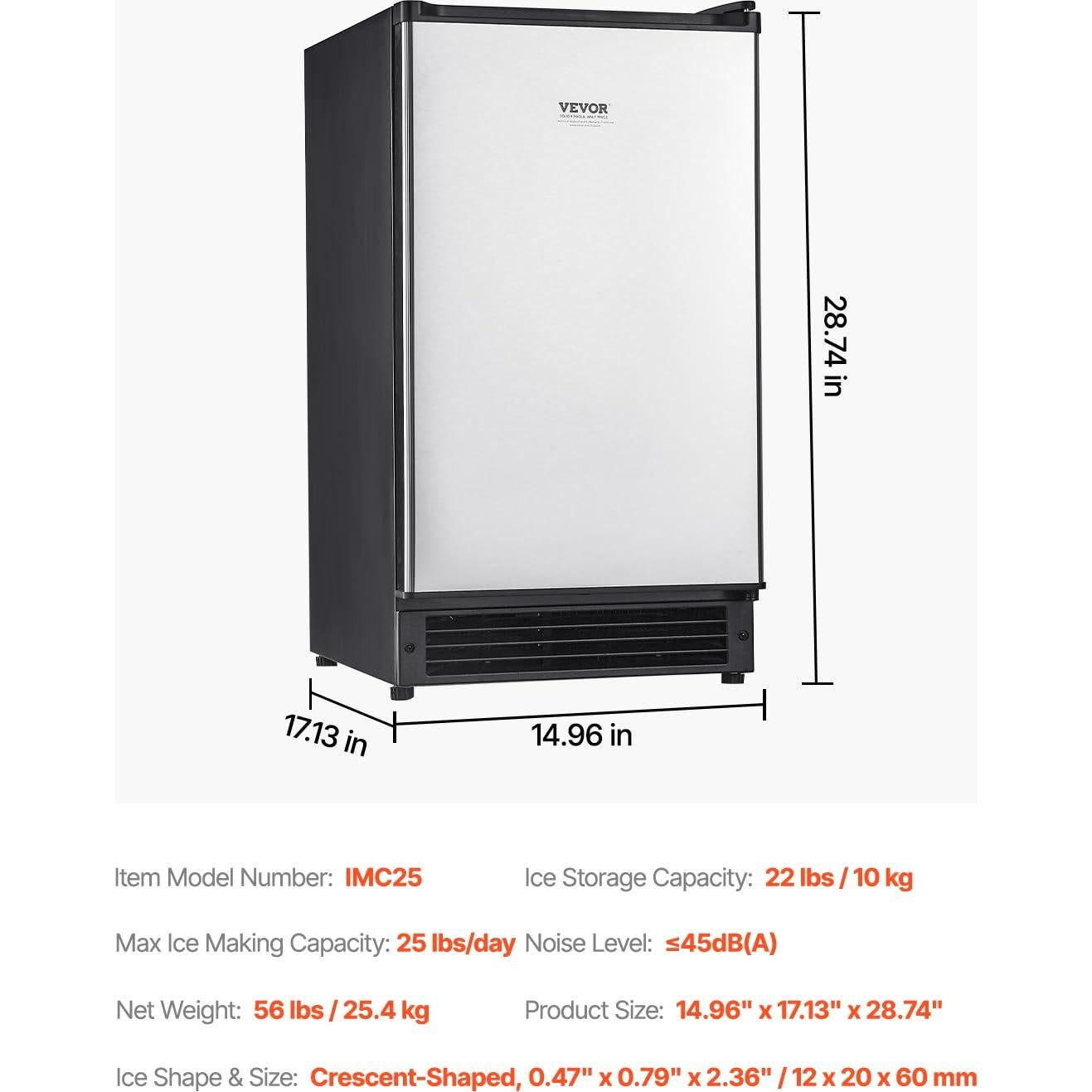 Máquina de Hielo Bajo Mostrador VEVOR IMC25, 11.34 Kg/Día