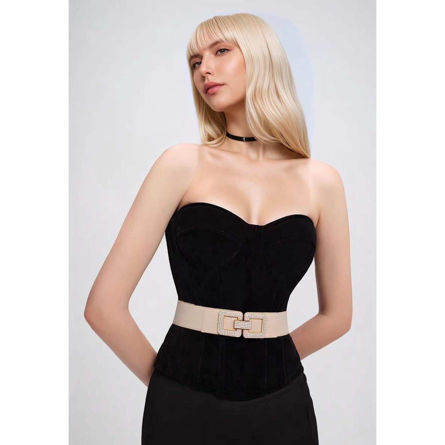 Cinturón Elástico Vintage para Mujeres Ajustable Beige 27-35"