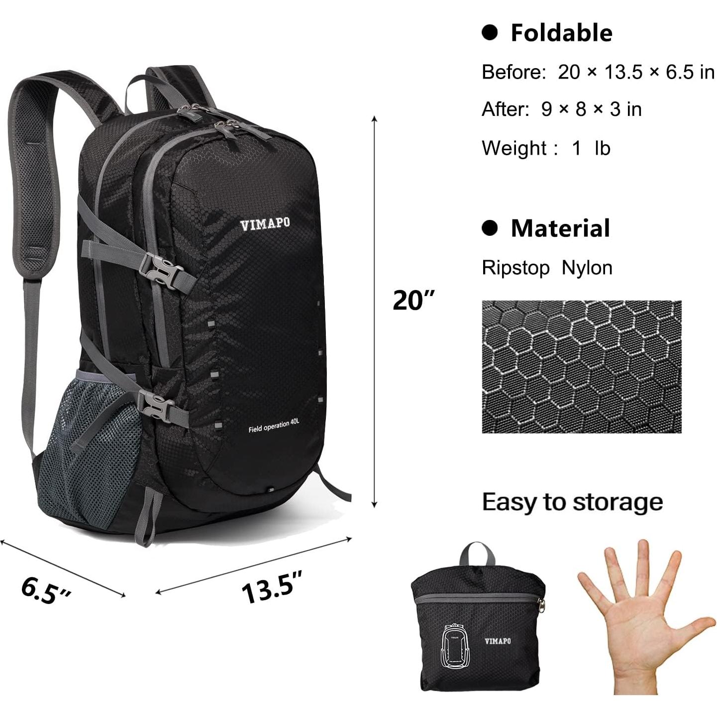 Mochila Plegable 40L Vimapo de Nylon Ripstop Negra