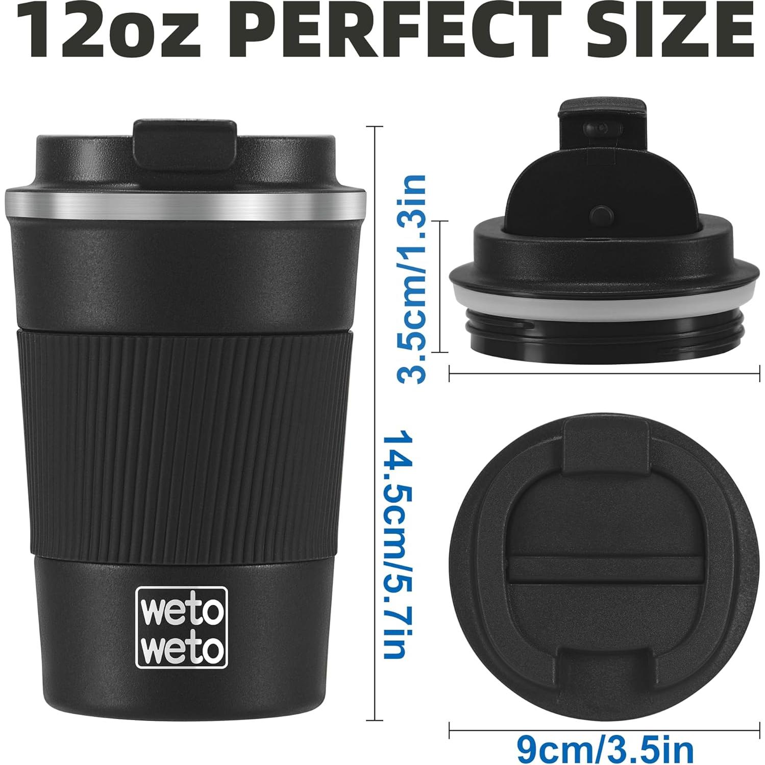 Taza de Café Aislada WETOWETO 12 oz Acero Inoxidable Negro