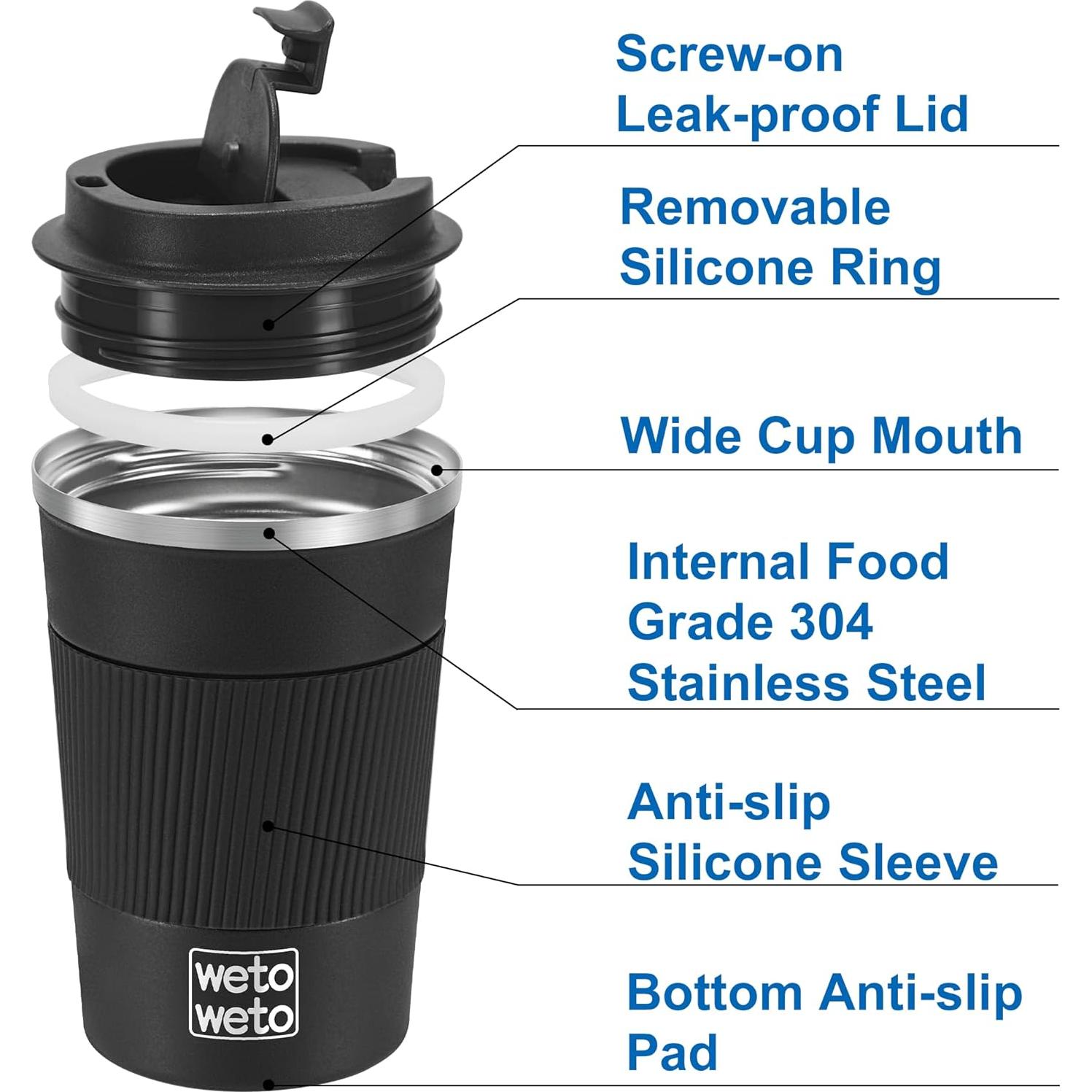 Taza de Café Aislada WETOWETO 12 oz Acero Inoxidable Negro