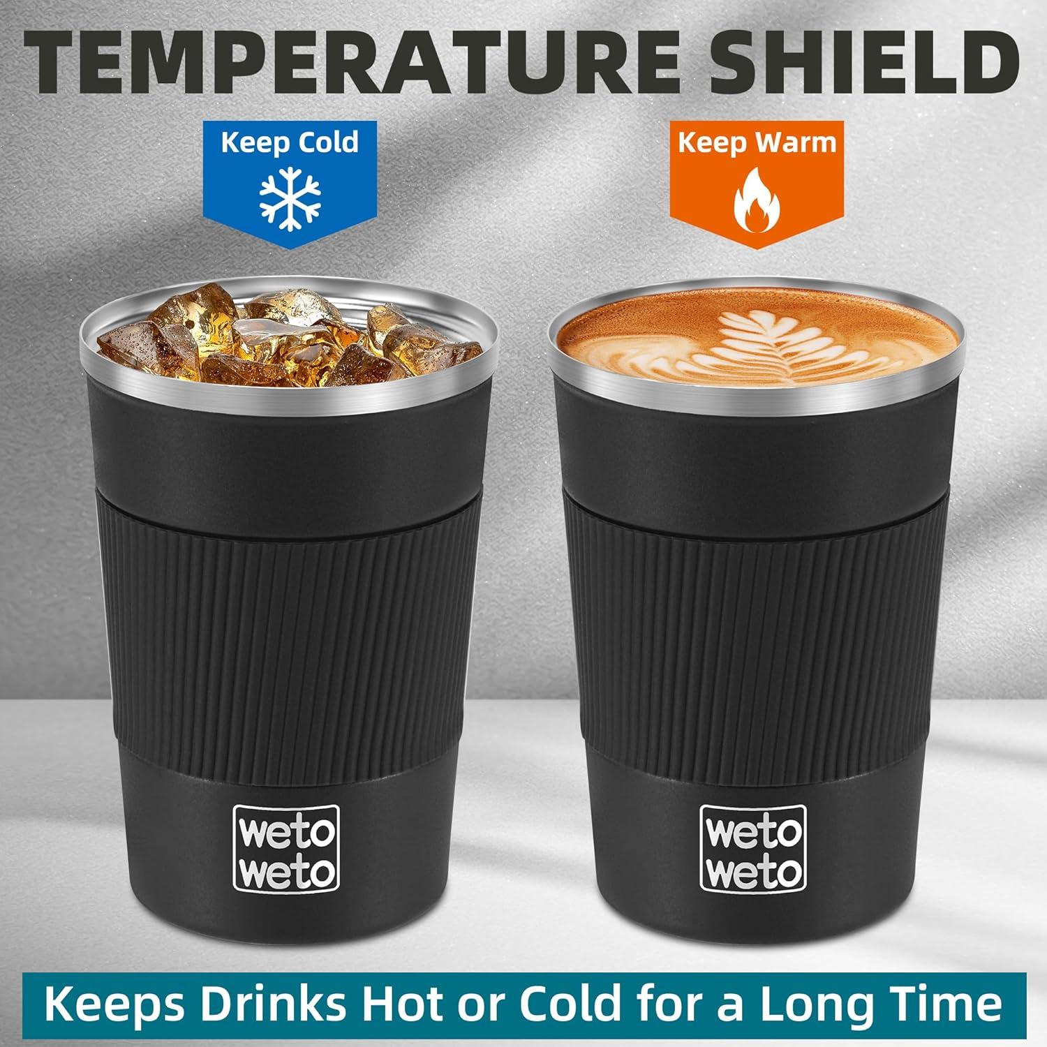 Taza de Café Aislada WETOWETO 12 oz Acero Inoxidable Negro