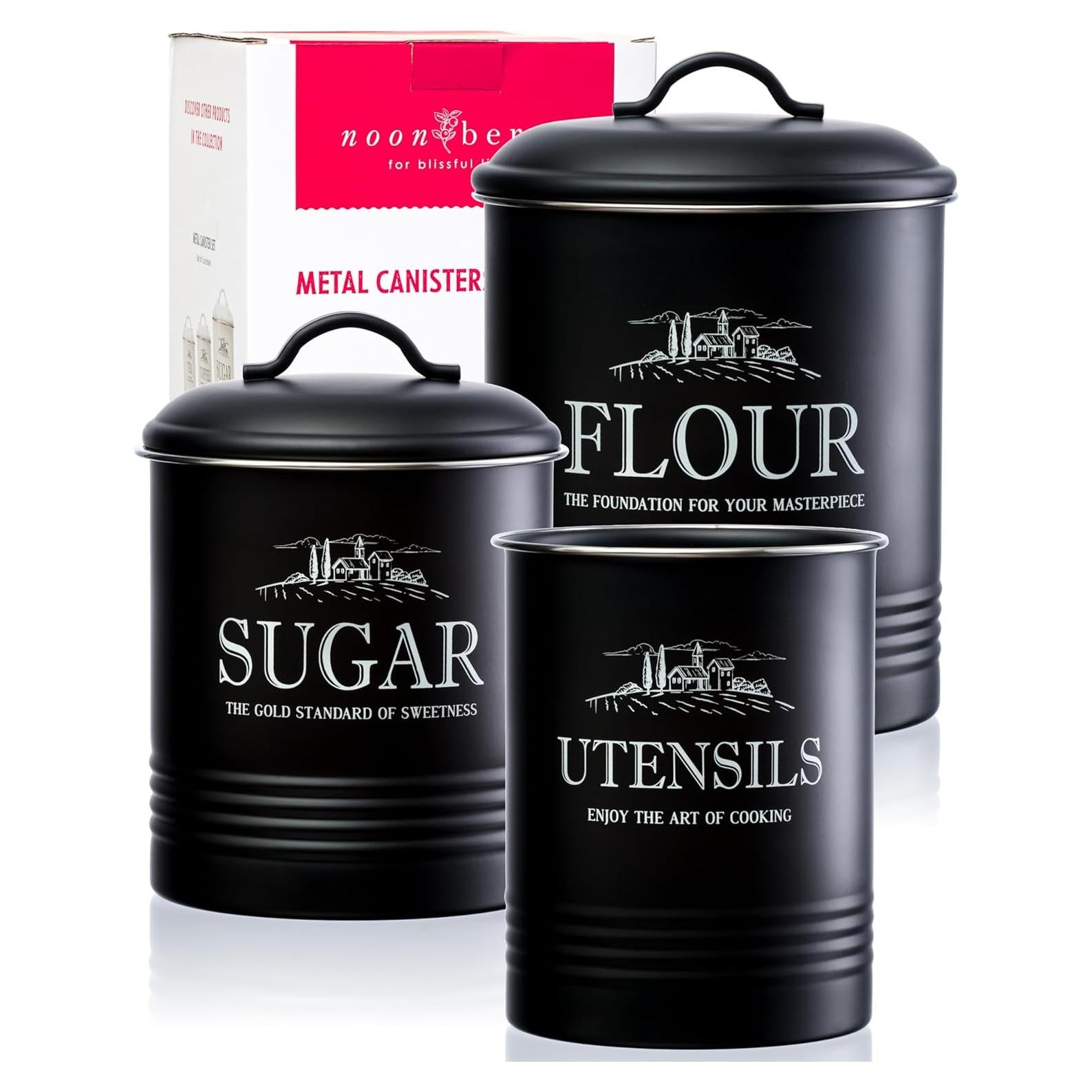 Juego de 3 Latas Negras Herméticas para Cocina - noonberry