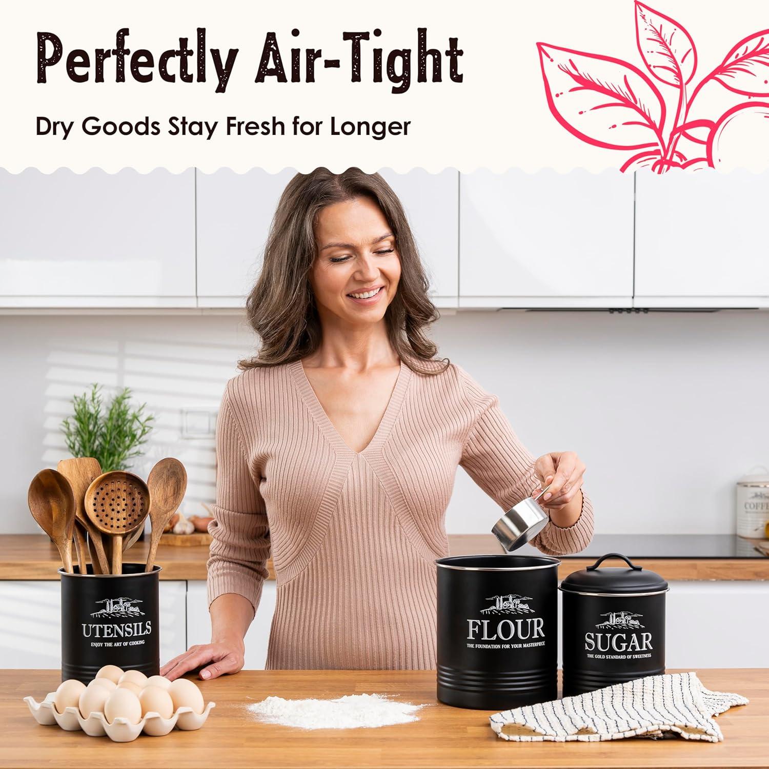 Juego de 3 Latas Negras Herméticas para Cocina - noonberry