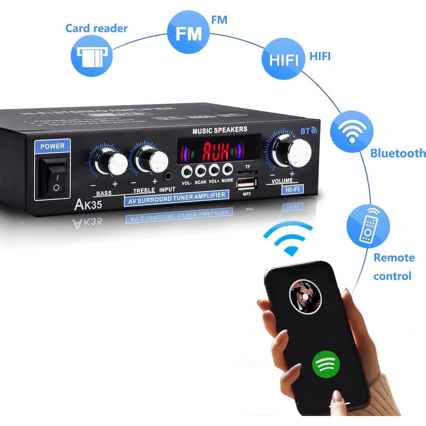 Amplificador Estéreo AK35 Woopker Bluetooth 5.0 200W 2.0 Canal