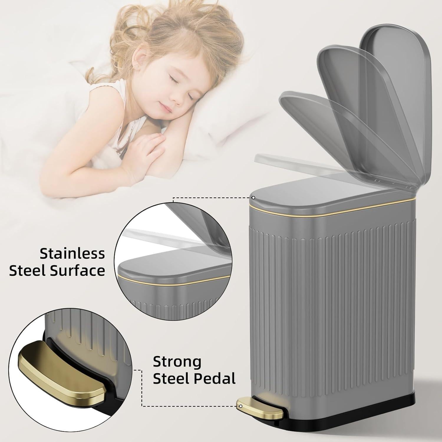 Cubo de Basura Slim KUK 10L Acero Inoxidable Antihuellas Gris