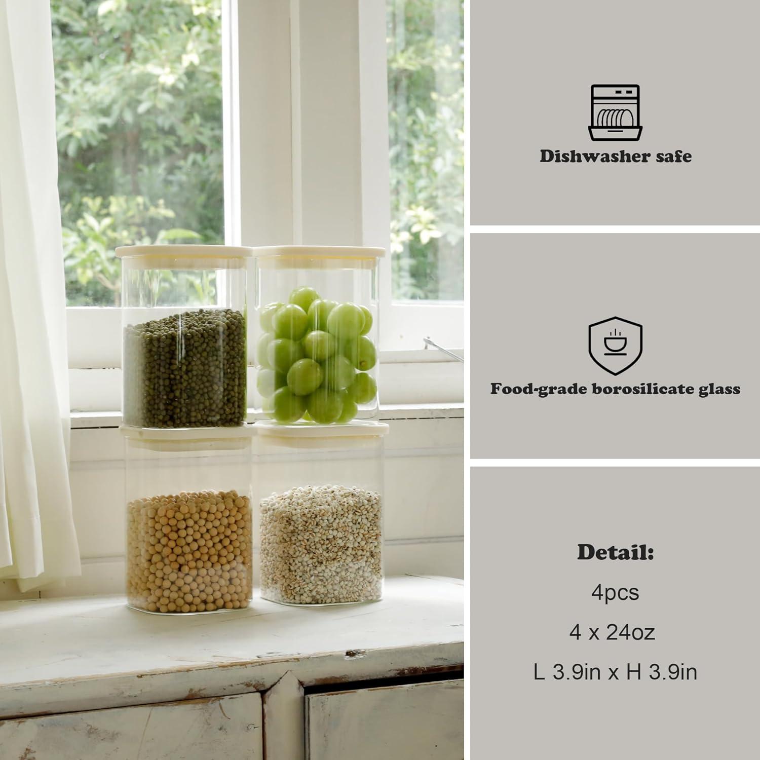 4 Tarros de Vidrio Cuadrados 25oz CozNido con Tapa Hermética