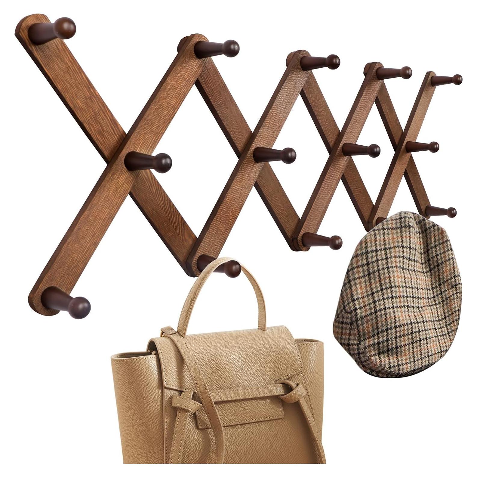 Soporte de pared de acordeón OROPY, 14 ganchos, madera nogal