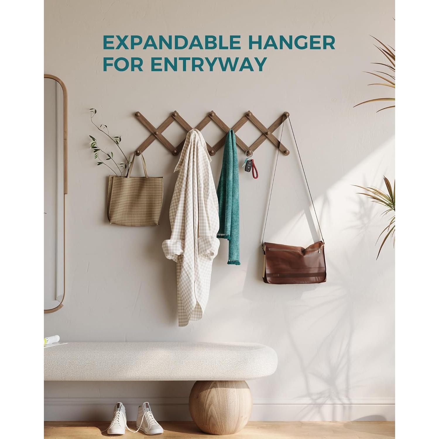 Soporte de pared de acordeón OROPY, 14 ganchos, madera nogal