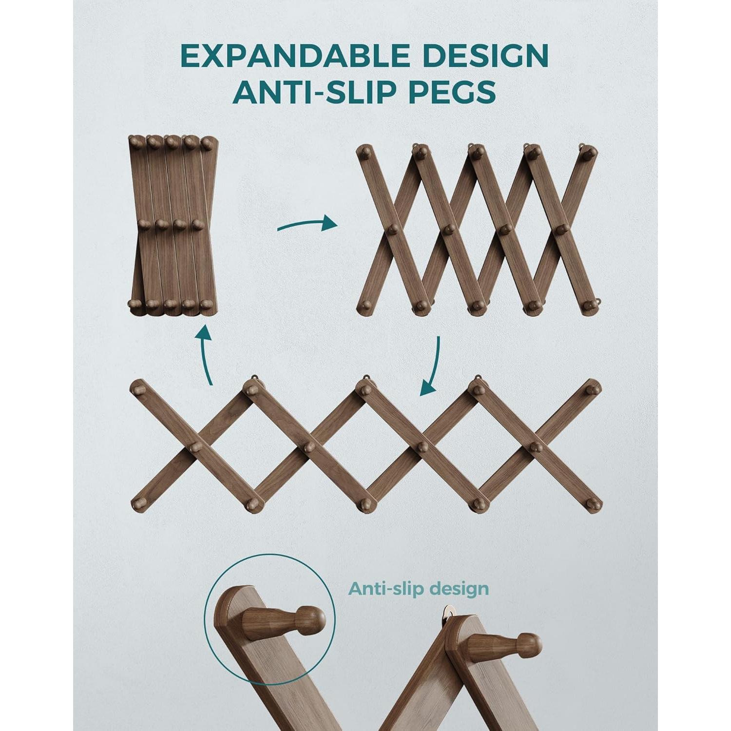 Soporte de pared de acordeón OROPY, 14 ganchos, madera nogal