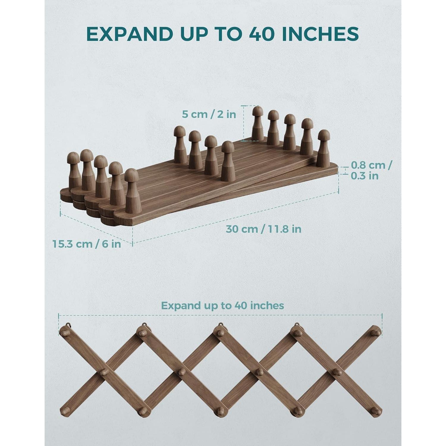 Soporte de pared de acordeón OROPY, 14 ganchos, madera nogal