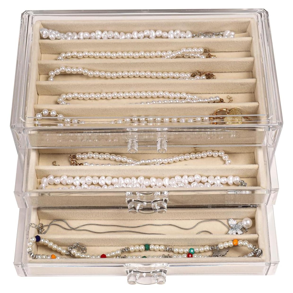 Caja Organizadora de Collares CLUQMEIK Beige 3 Cajones Terciopelo