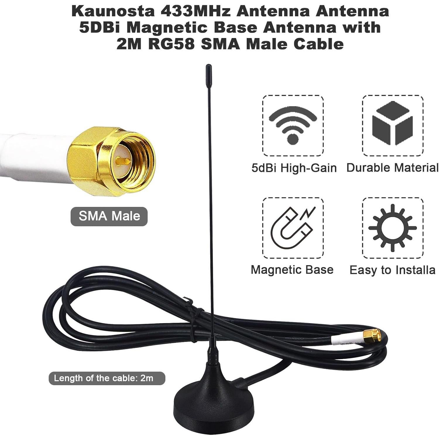 Antena 433 MHz Kaunosta 5dBi Omnidireccional 2M SMA