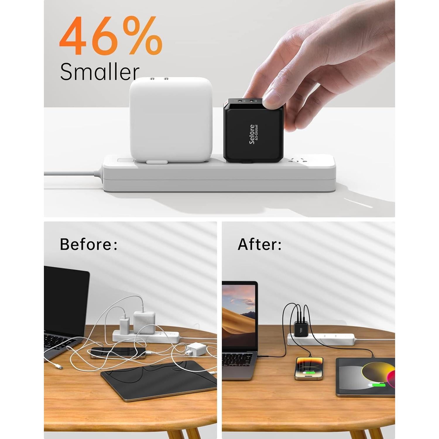 Cargador USB-C Rápido SELORE 67W Plegable 3 Puertos Negro