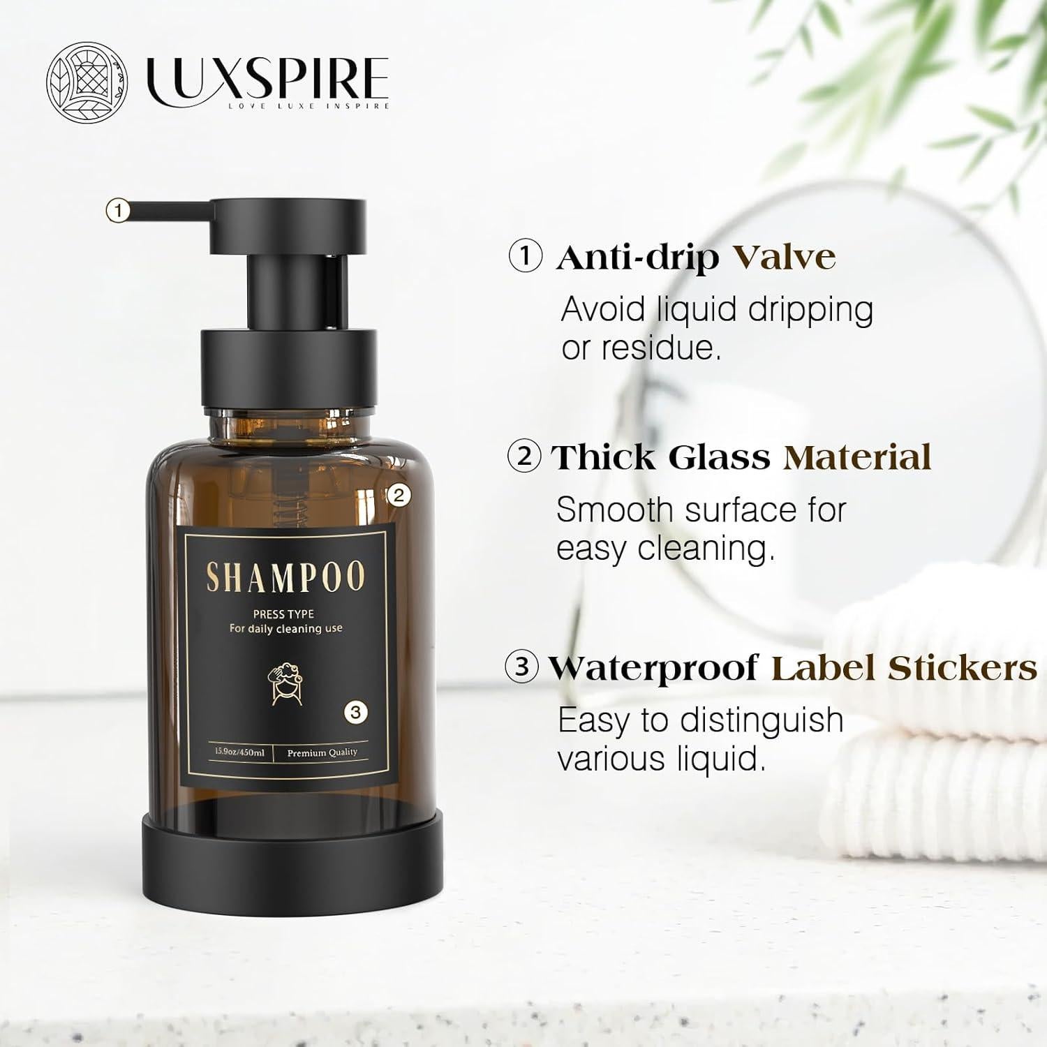 Dispensador de Jabón Espumoso Luxspire de Vidrio 444 ml Ámbar