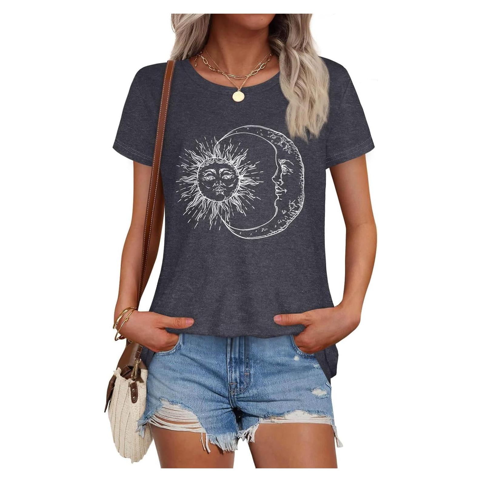 Camiseta de Mujer Casual Manga Corta Gris con Luna