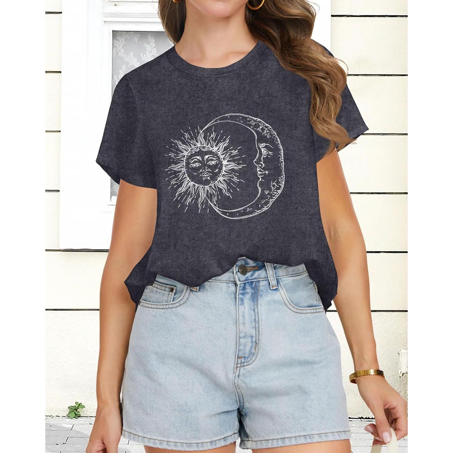 Camiseta de Mujer Casual Manga Corta Gris con Luna