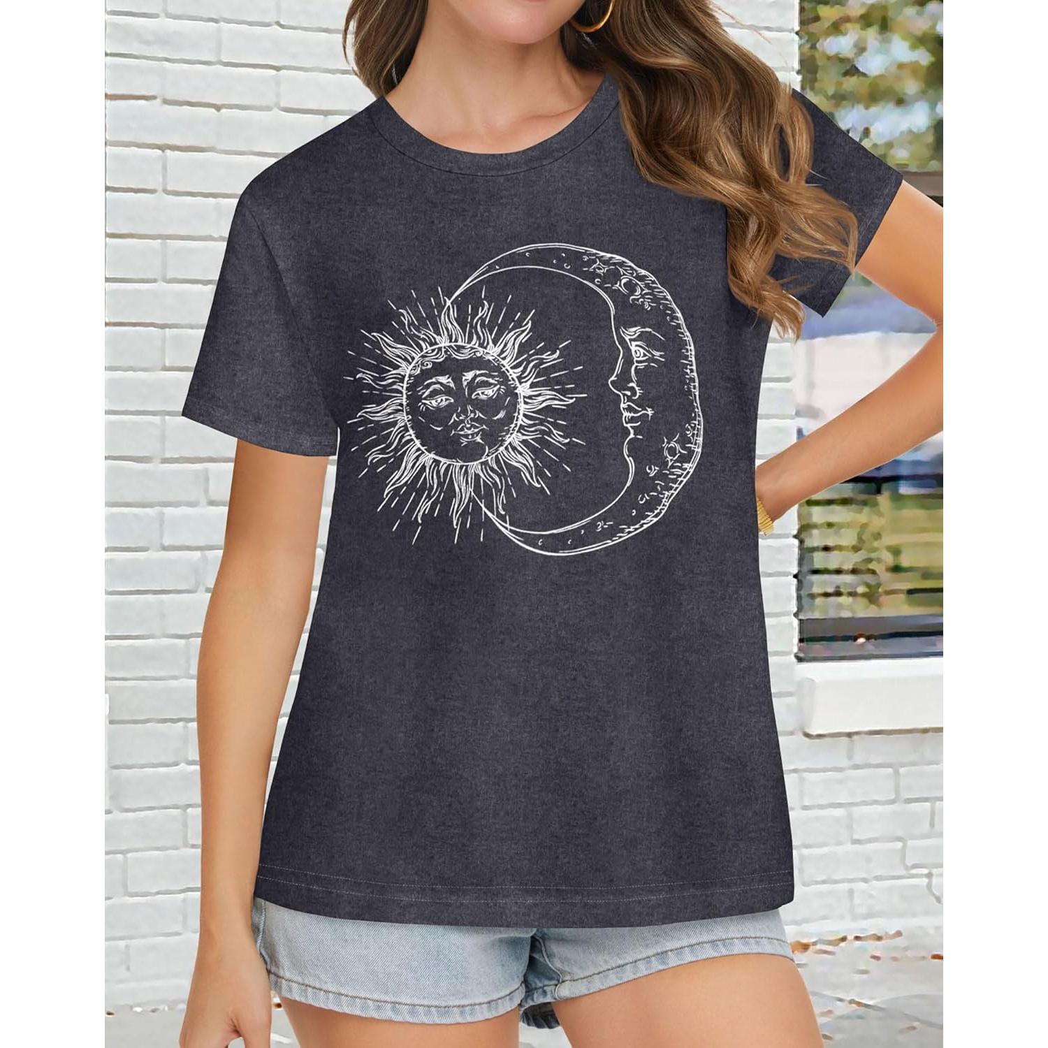 Camiseta de Mujer Casual Manga Corta Gris con Luna