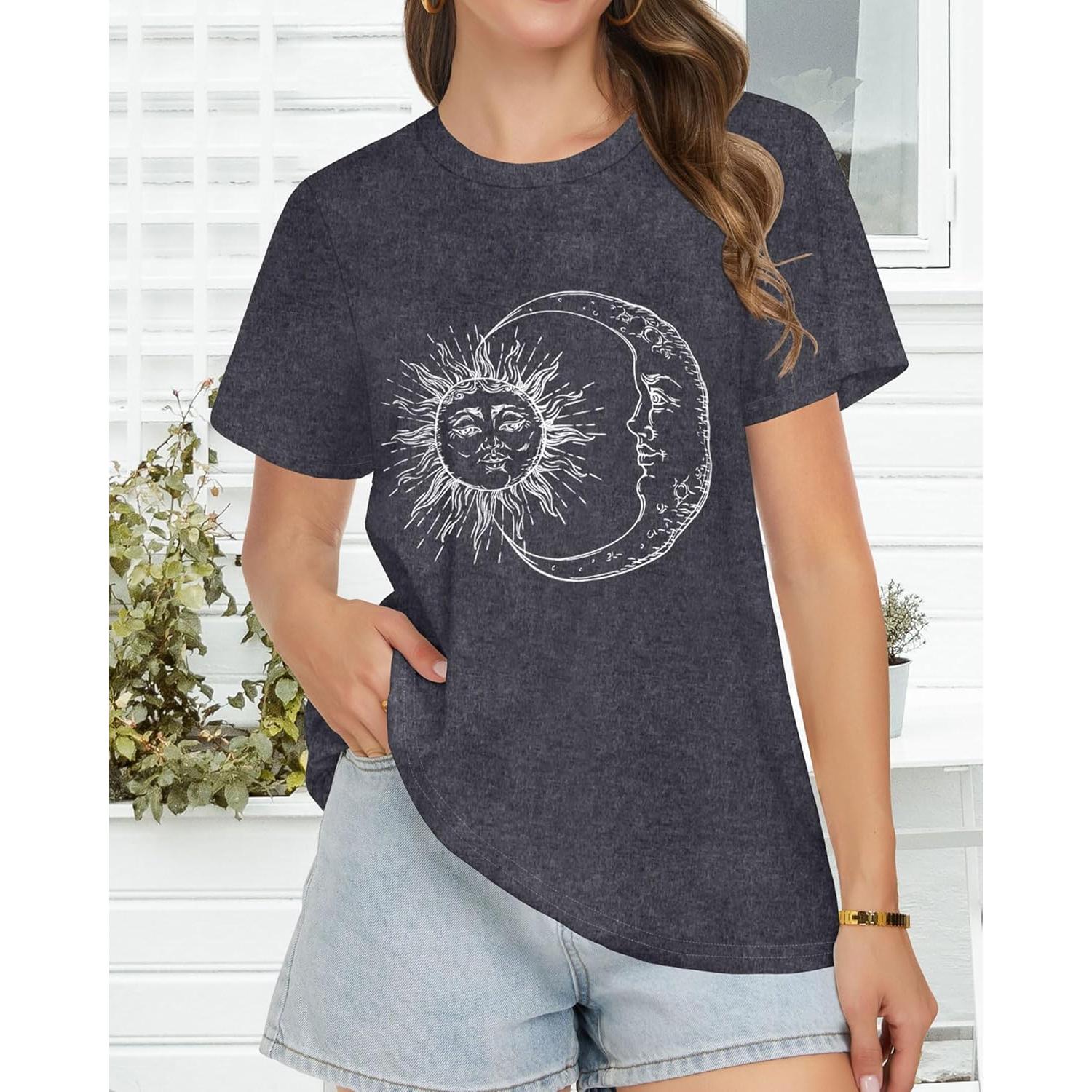 Camiseta de Mujer Casual Manga Corta Gris con Luna