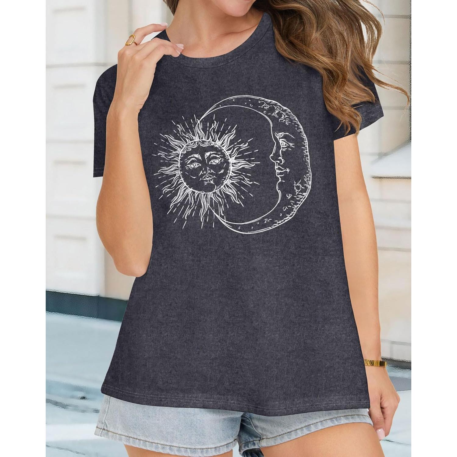 Camiseta de Mujer Casual Manga Corta Gris con Luna