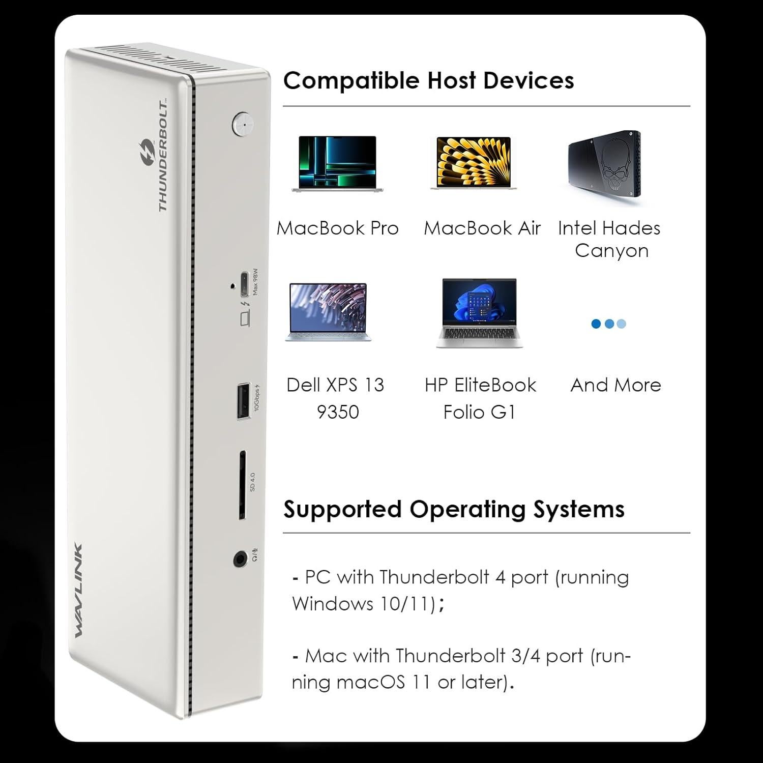 Dock Thunderbolt 4 WAVLINK 100W 4K 60Hz 15-en-1 para Mac y PC