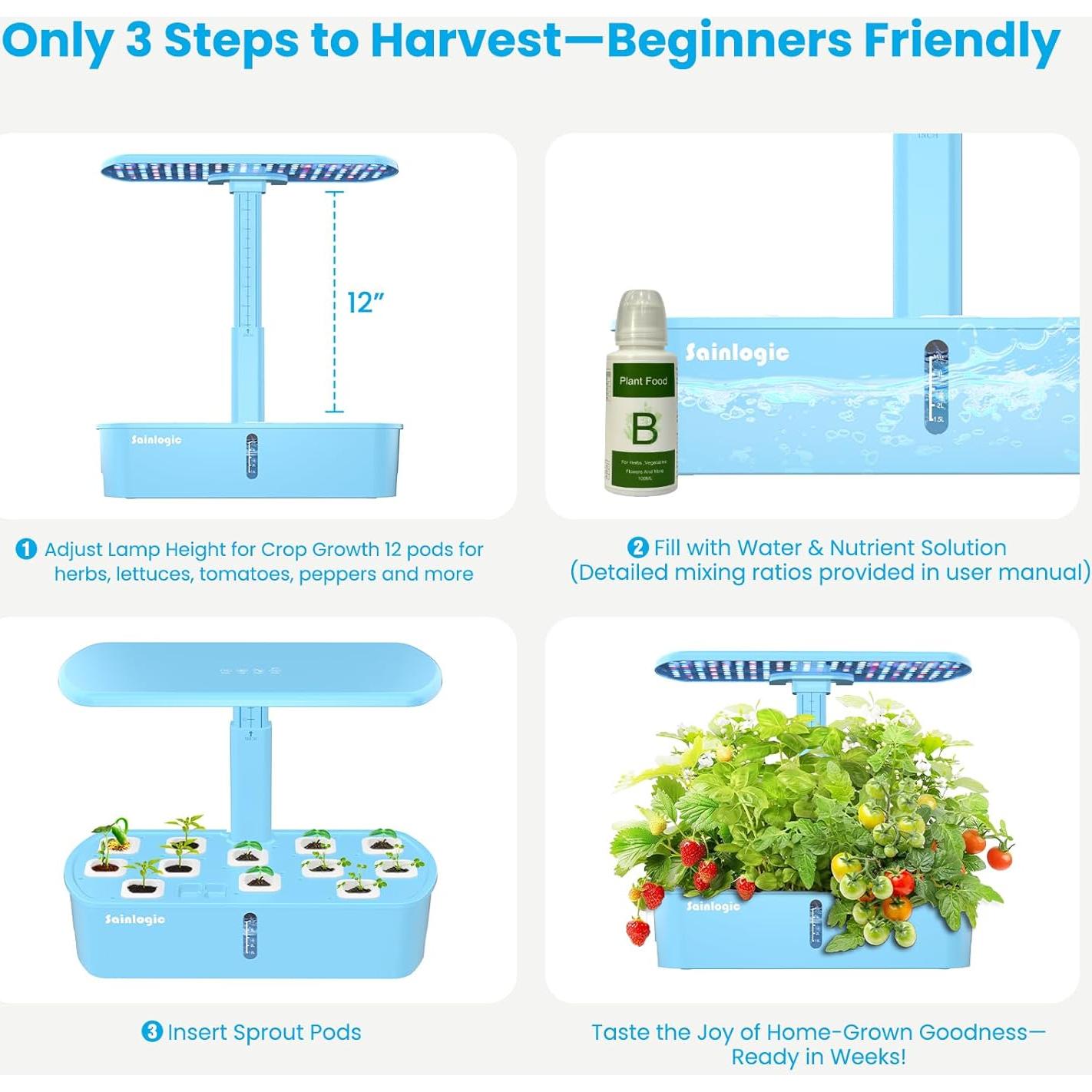 Kit Hidropónico Sainlogic HY01, Jardín Interior Inteligente 12 Cápsulas