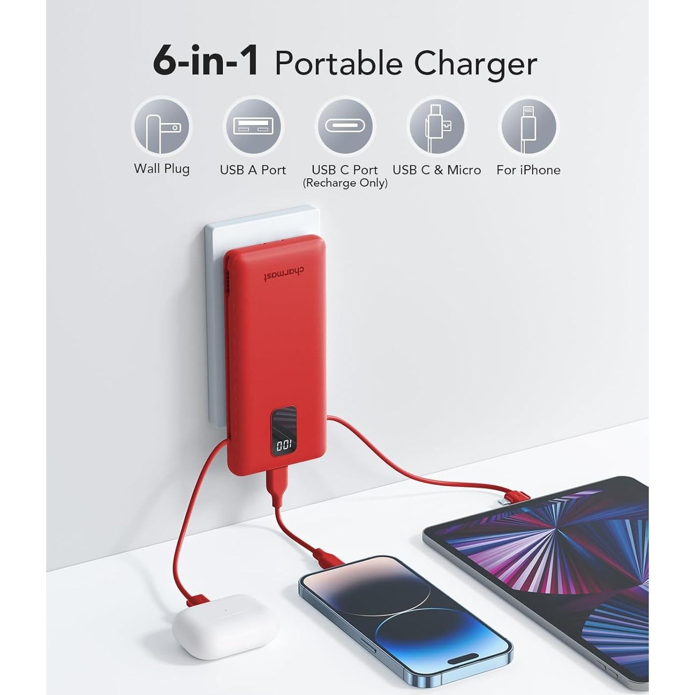 Cargador portátil Charmast 10000mAh con cables y enchufe USB-C