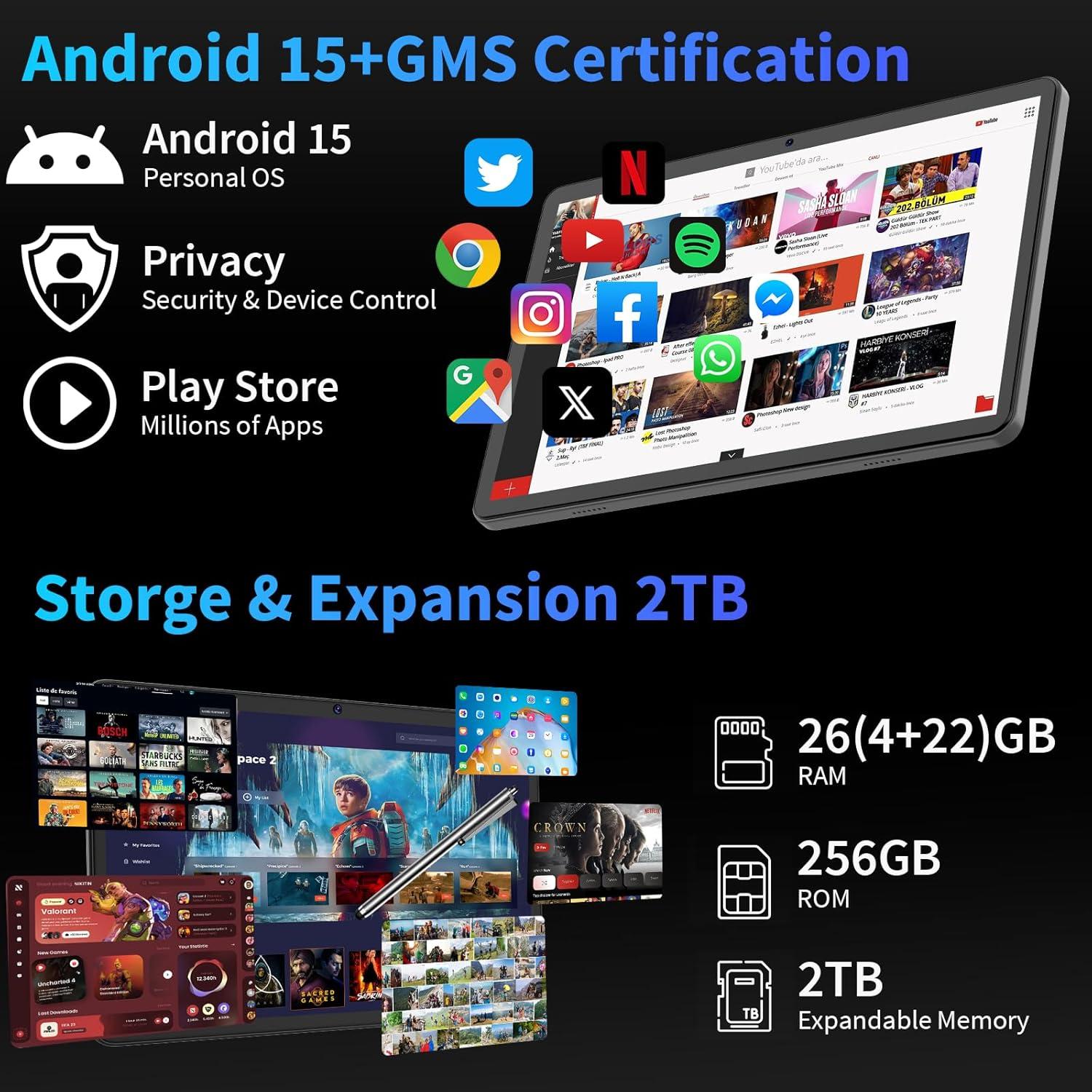 Tableta Android 15 YLEEBG 10.1" 26GB+256GB 8000mAh Plata