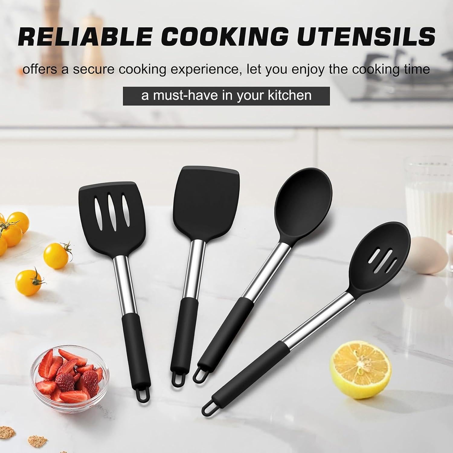Set de Utensilios de Cocina TeamFar 4 Piezas Silicona Acero Inoxidable