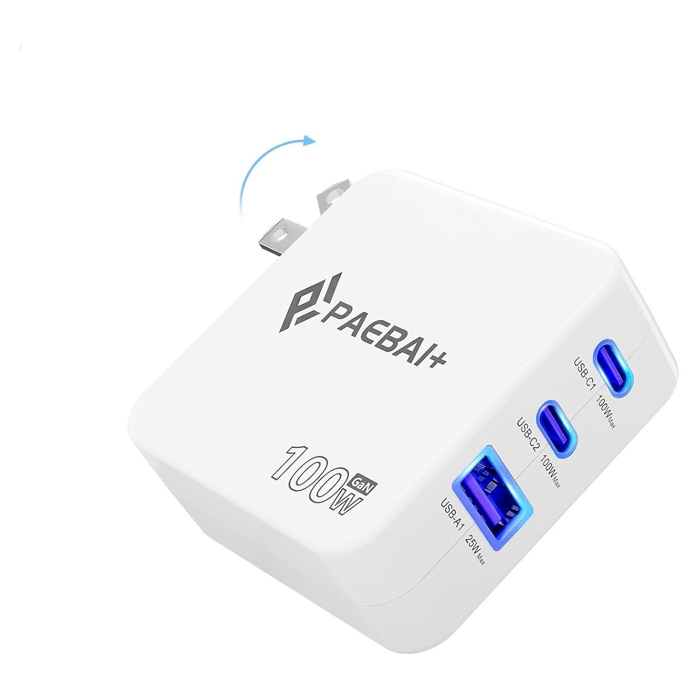 Cargador USB C 100W PAEBAI+ 3 Puertos Rápido Plegable