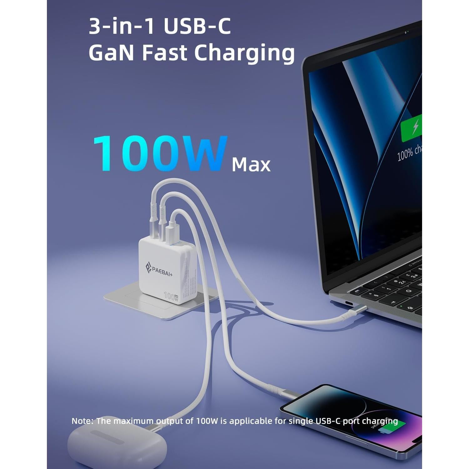 Cargador USB C 100W PAEBAI+ 3 Puertos Rápido Plegable