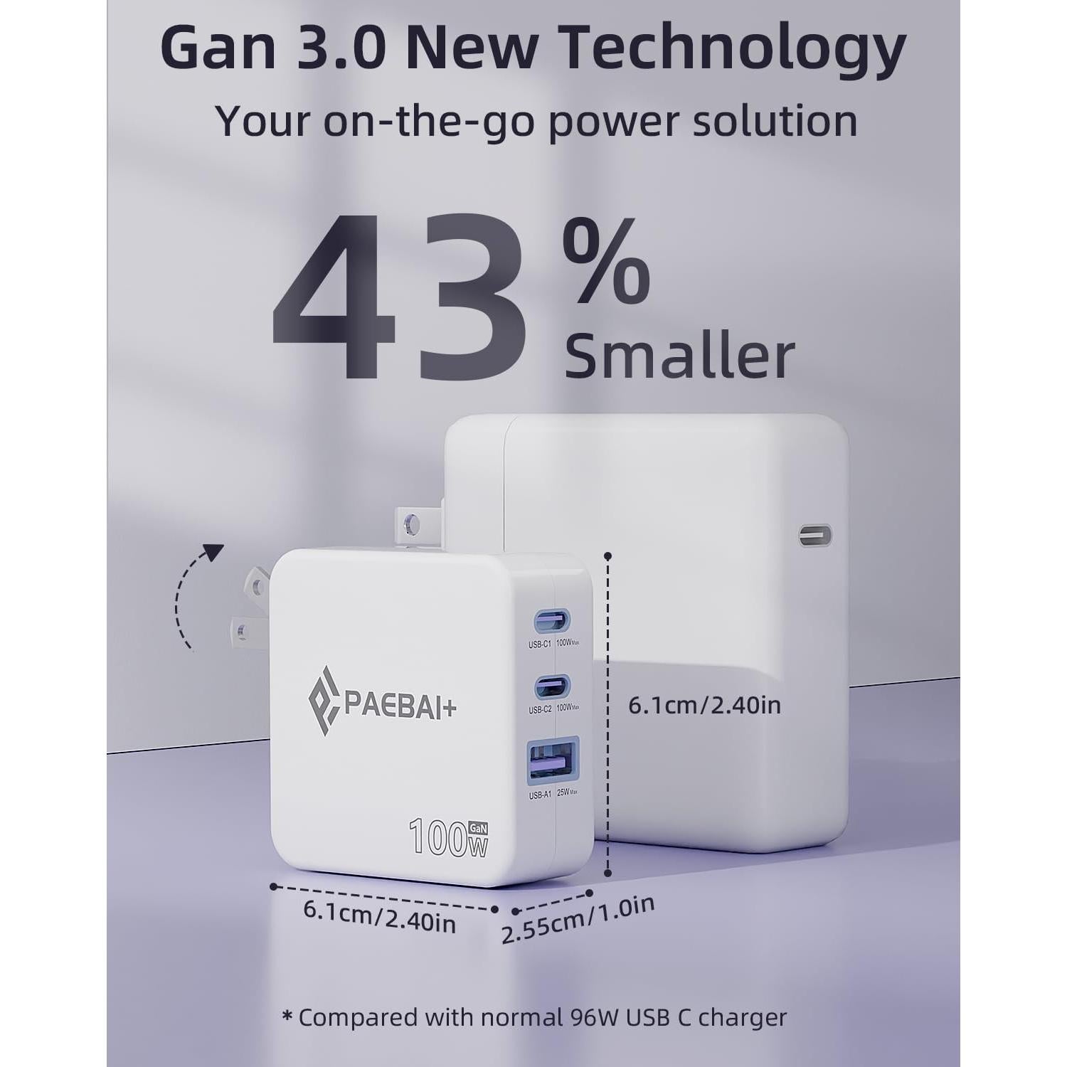 Cargador USB C 100W PAEBAI+ 3 Puertos Rápido Plegable