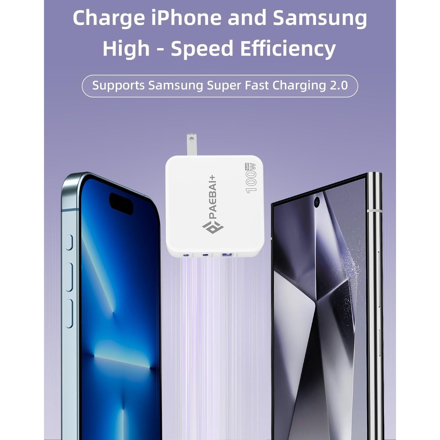 Cargador USB C 100W PAEBAI+ 3 Puertos Rápido Plegable